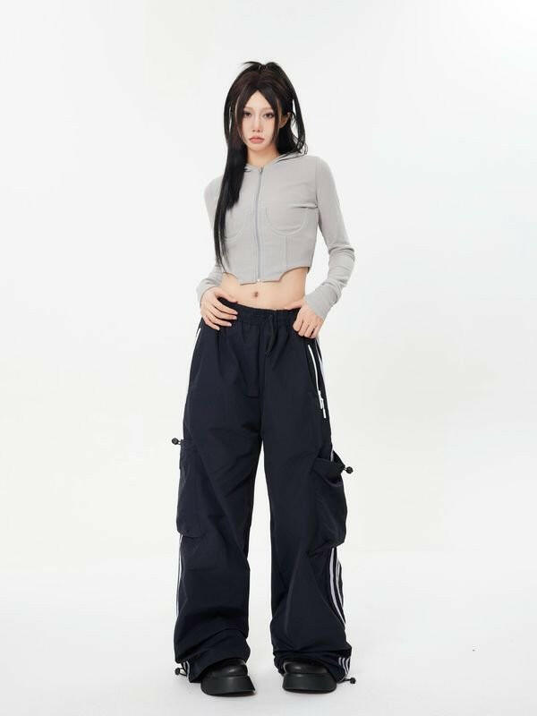 Versatile American High Street Straight Leg Pants with Big Pockets, Vertical Stripe Panels, and Athleisure Design - Loose, Comfortable, and Stylish Skinny Trousers.